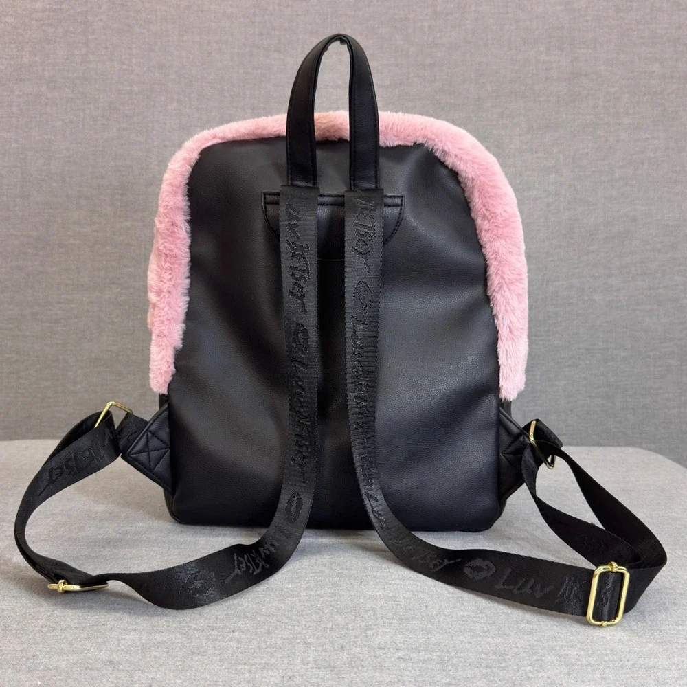 Luv Betsey by Betsey Johnson Pink Faux Fur FoxBackpack Black Faux Leather Trim